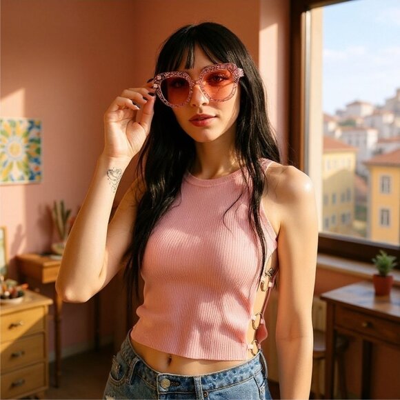 Pink Ribbed Tank Top with O-Ring Hardware by Balboa – Festival Flirt Edition L - Picture 3 of 3